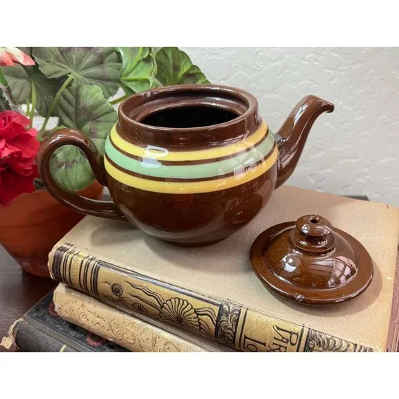 Vintage ALB Pottery Brown Betty Individual TEAPOT Yellow Green Stripes Made in E - Picture 5 of 7